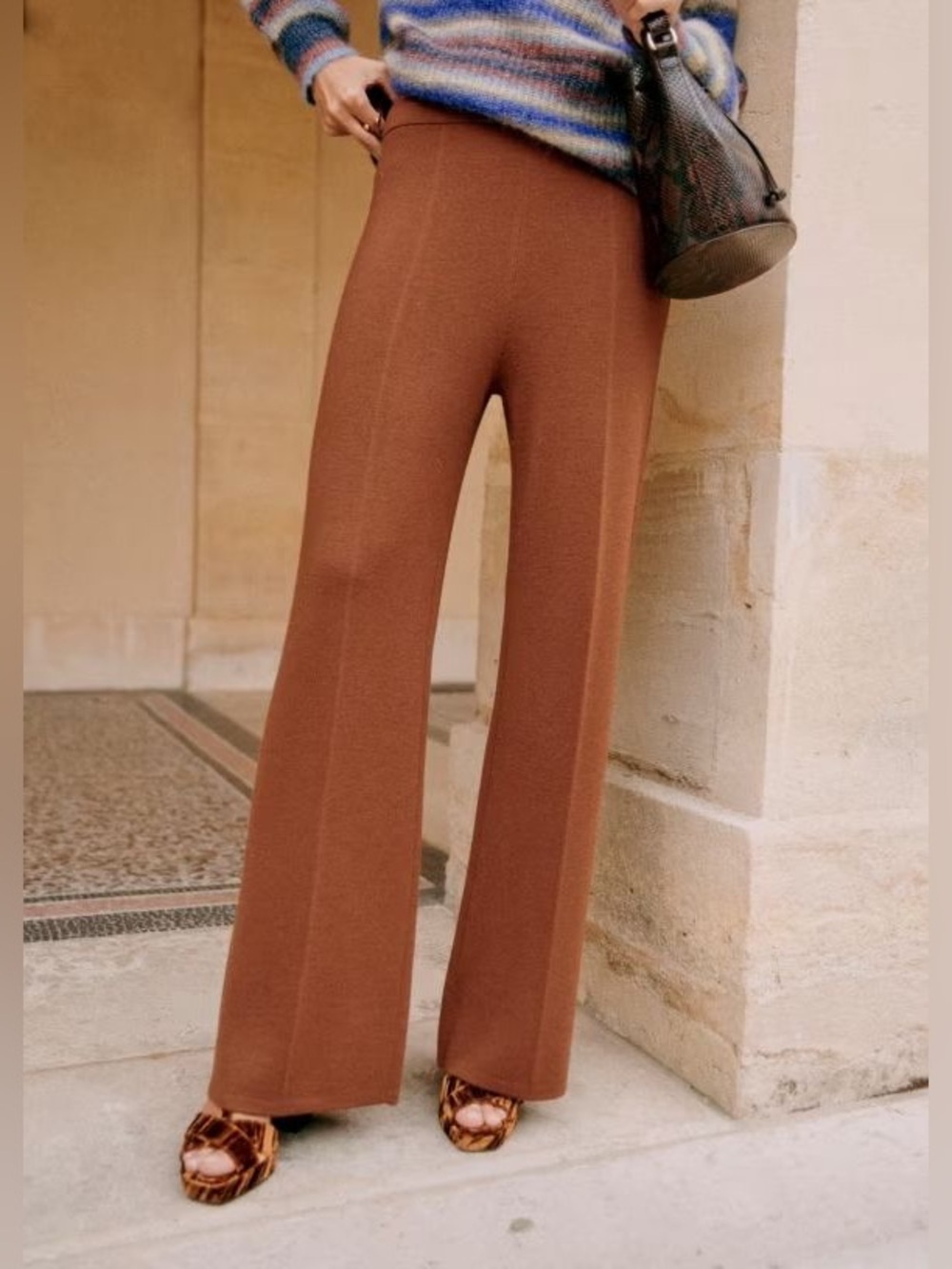 Sezane Matthew merino wool cognac brown wide leg trouser xxs elevated boho